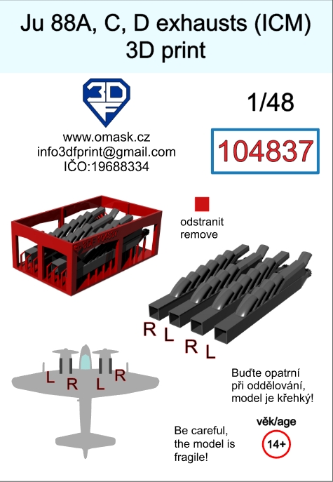104837 1/48 Ju 88 A/C/D exhaust 3D print (for ICM)